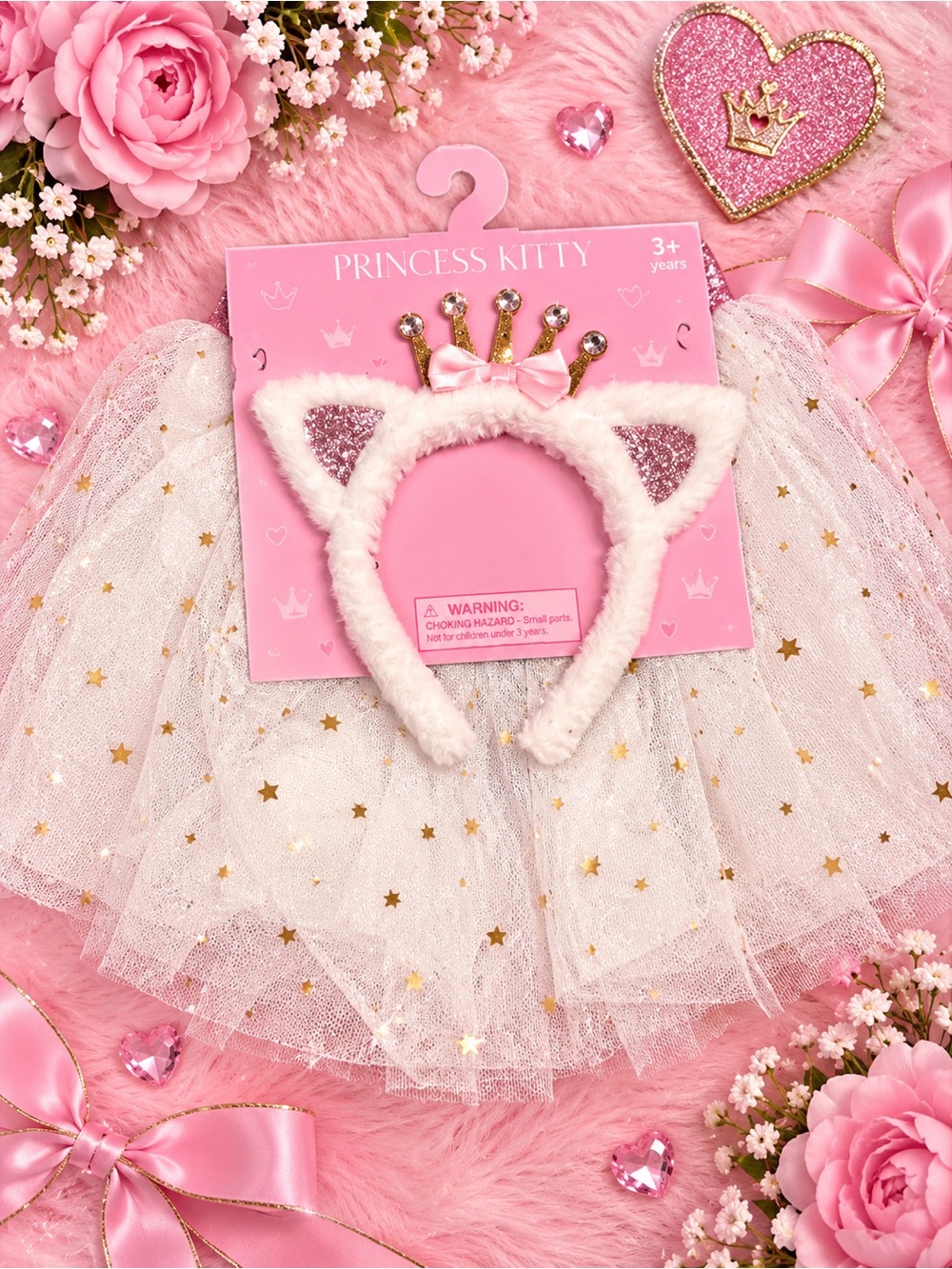 Pink Faux-Fur Cat Ear Headband with Glitter Crown & Tutu Size 3+